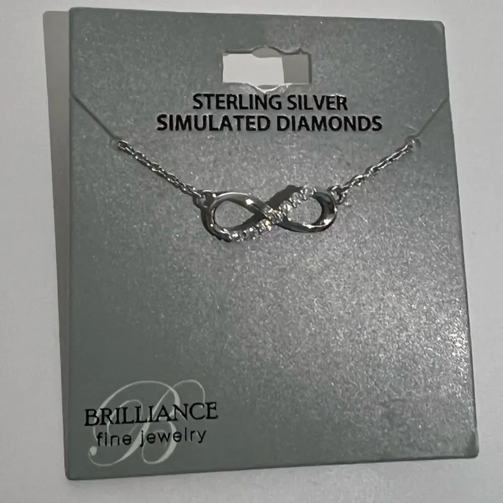 Sterling Silver Infinity Necklace Simulated Diamonds New